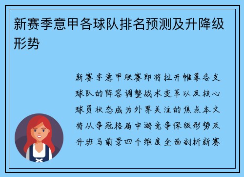 新赛季意甲各球队排名预测及升降级形势